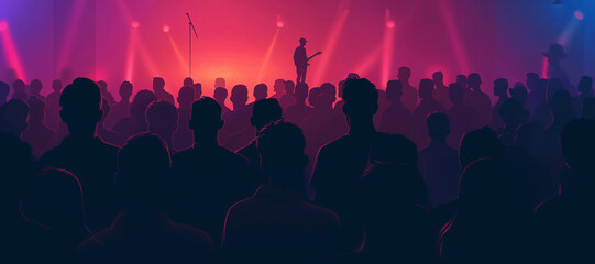 Fototapeta na wymiar Crowd silhouette, music band and concert audience listen to club artist, stage performance or celebrity star. Night event lights, rave festival and dark shadow group, fans or people at musician show