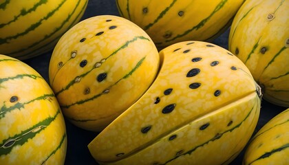A close-up view of a group of ripe, vivid Yellow watermelon with a deep, textured detail.