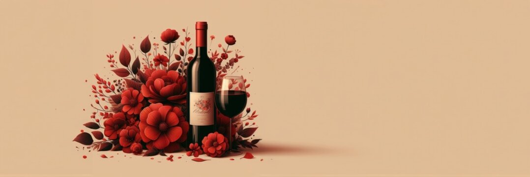 Generated image of a bottle of wine sitting next to a bunch of red flowers, stylized design, red and brown color scheme