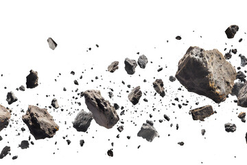 Swarm of asteroids rock debris isolated on white background. Asteroid belt. Meteorites. High resolution 3D rendering.