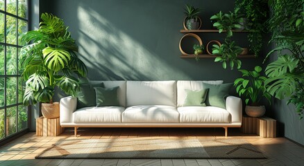 A cozy and stylish studio couch adorned with lush houseplants against a wall creates a peaceful indoor garden feel in this living room