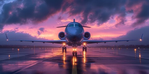 As the sun sets on the horizon, a sleek jet aircraft sits on the tarmac of the runway, ready to take flight into the vast, endless sky, representing the innovation and engineering behind modern air t - Powered by Adobe