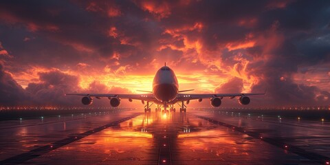 As the sun sets on the horizon, a majestic jet plane takes off from the runway, leaving behind a trail of clouds in its wake - obrazy, fototapety, plakaty