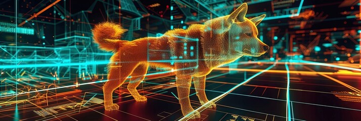 Shiba inu doge made of digital data for virtual reality metaverse concept