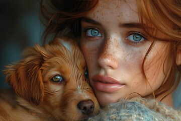A playful redhead woman shares a loving moment with her loyal brown dog, their freckled faces mirroring each other's joy