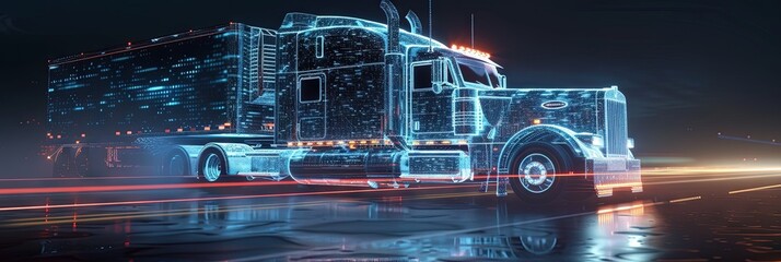 Semitruck made of digital data in virtual reality metaverse. Smart transportation, trucking, and transport concept
