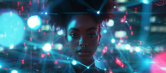 Wide angle image for banners or advertisements, showing young black woman working on holographic screen and global communication network concept