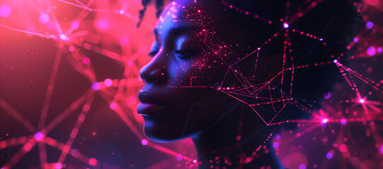 Wide angle image for banners or advertisements, showing young black woman working on holographic screen and global communication network concept