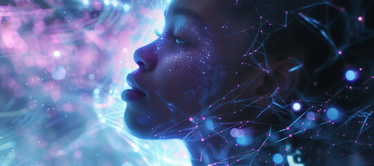 Wide angle image for banners or advertisements, showing young black woman working on holographic screen and global communication network concept