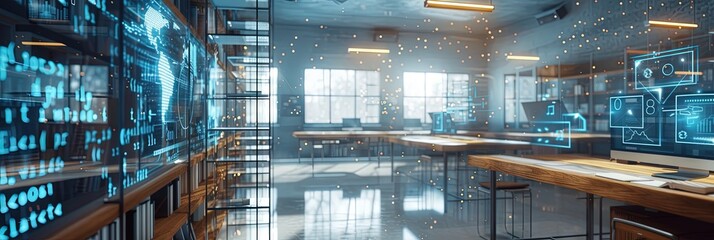 School classroom filled with digital data overlay. In-Class technology and computers concept with educational technology 