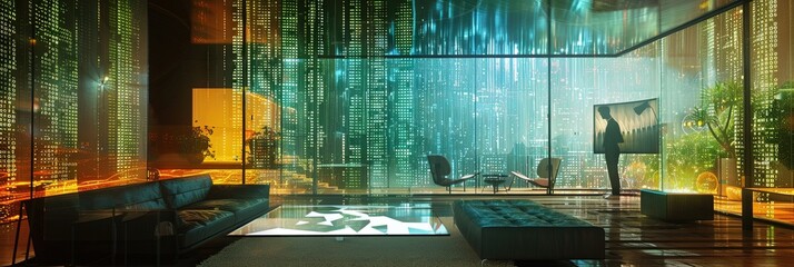 Living room with digital green data. Smart home den with modern technology - obrazy, fototapety, plakaty