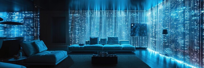 Living room with digital blue data. Smart home den with modern technology - obrazy, fototapety, plakaty