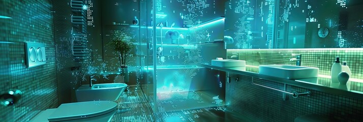 Smart bathroom concept with toilet, bathtub, shower, and cabinets covered in blue digital data. Metaverse and smart home design.