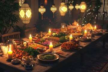 Fototapeta na wymiar A 3D representation of a Ramadan feast spread across a lit dining table