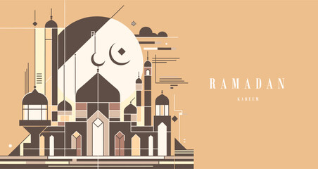 Contemporary Ramadan Kareem greeting design featuring layered geometric shapes forming an intricate mosque with domes and minarets, complemented by a large crescent moon