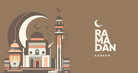 Modern vector illustration for Ramadan Kareem with a minimalist aesthetic, showcasing a mosque with an oversized crescent in the background, a minaret, and traditional Islamic geometric patterns - obrazy, fototapety, plakaty