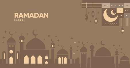 Naklejka premium Vector illustration for Ramadan Kareem, featuring a skyline of mosques with domes and minarets, hanging lanterns, stars, and crescent moons, all in various shades of brown.