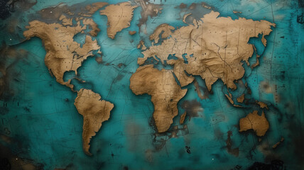 World map on a textured teal background with golden continents