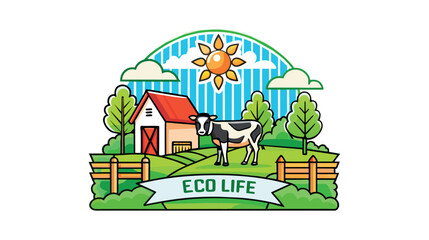Colorful farm life illustration with cow and barn