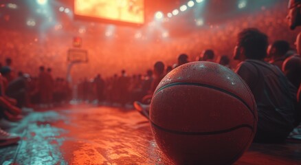 A solitary basketball rests on the polished wooden floor of an empty basketball arena, a symbol of the dedication and passion of the person who will soon fill the space with their graceful movements 