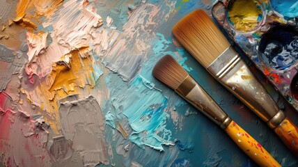 Fototapeta premium Colorful paintbrushes and palette on an artist's table