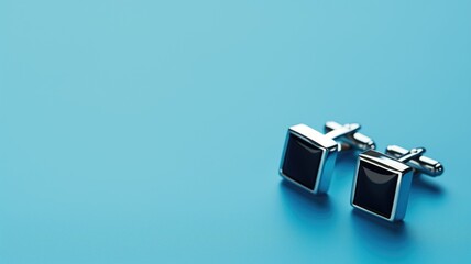 Elegant black and silver cufflinks on a blue background
