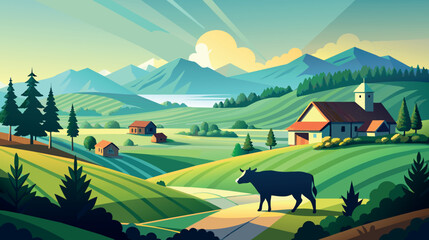 Idyllic rural landscape with church, houses, and cow illustration - obrazy, fototapety, plakaty