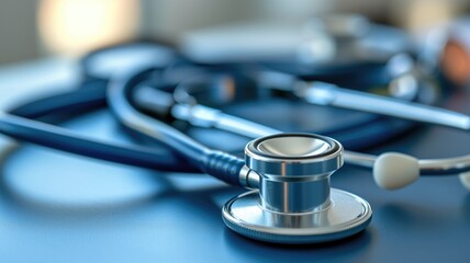 Stethoscope on a blue surface with focused lighting