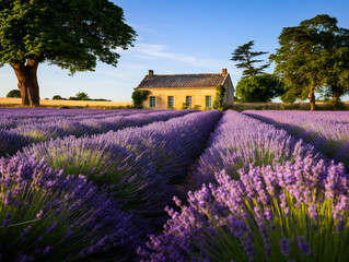 A picturesque lavender field with a charming farmhouse in the background, under a sunny sky.