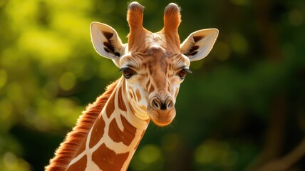 Close-up of a giraffe's face with greenery