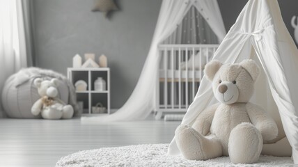 Cozy children's room with a bear sitting inside a play tent