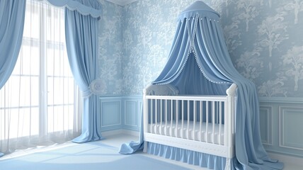 A luxurious baby crib in a blue-themed nursery