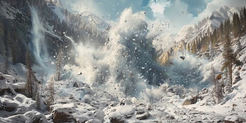 Avalanche with winter snow falling from mountains. Action shot of natural disaster - obrazy, fototapety, plakaty