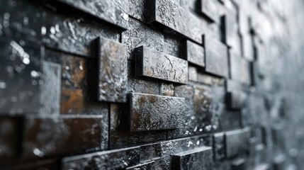Textured 3D Wall with Cubic Patterns and Water Droplets and grey background Melty metallic textures elevate interior design with sleek modernity, - obrazy, fototapety, plakaty