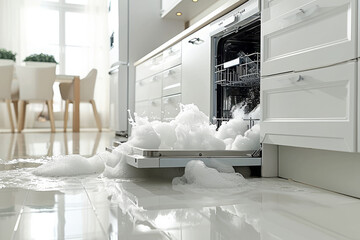 Broken dishwasher leaking in a white modern kitchen with a door open and a lot of foam and water coming out of it