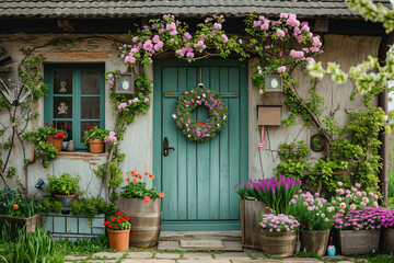 Fototapeta na wymiar Cute and cozy house with Easter spring decor, wreath on a door, flowers in pots