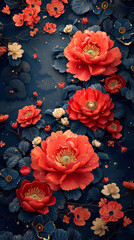 Vibrant red flowers bloom on a textured background.