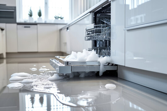 Broken dishwasher leaking in a white modern kitchen with a door open and a lot of foam and water coming out of it
