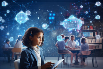 Kids in a classroom illustrating AI learning concepts with a hologram of 3D shapes glowing in the background