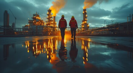 As the sun sets behind the city skyline, two men stroll along the wet street, their reflections mirroring in the water as they pass by a looming factory - obrazy, fototapety, plakaty