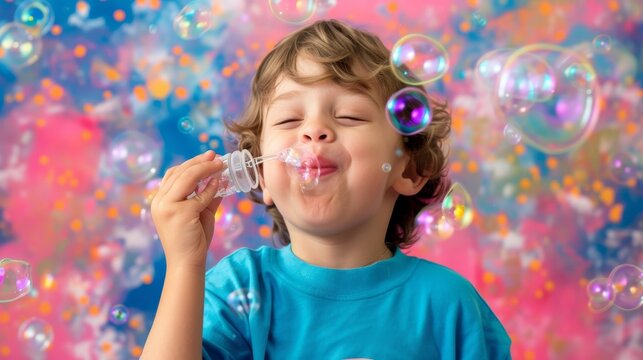 Smiling Child Blowing Bubbles on Colorful Background AI Generated.