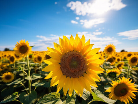Vibrant sunflowers standing tall in a sunny field under a clear blue sky. © Szalai