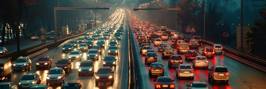 Cars filling the freeway with traffic during rush hour commutes
