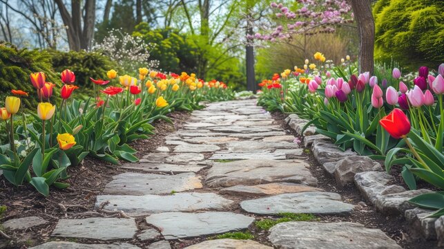 Colourful Tulips Flowerbeds and Stone Path in an Spring Formal Garden