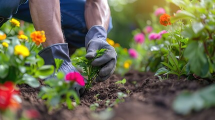 Fototapeta premium Gardener planting flowers in the garden