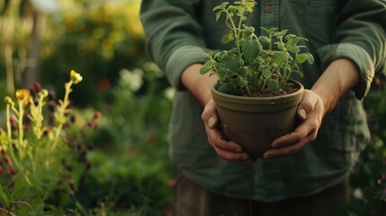 Gardener holding a pot with plant in garden