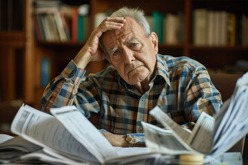 Senior worried man with a pile of bills or tax papers looking confused or overwhelmed, being in debt or behind on taxes or bills - Powered by Adobe