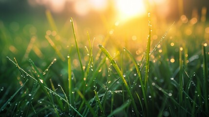 Green grass with morning dew at sunrise. Macro image, shallow depth of field. Beautiful summer nature background