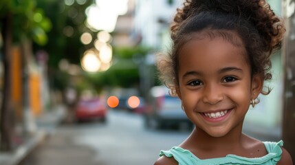 Little girl in an urban setting smiles at the camera.