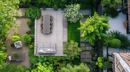 Fototapeta na wymiar modern garden design with terrace in top view